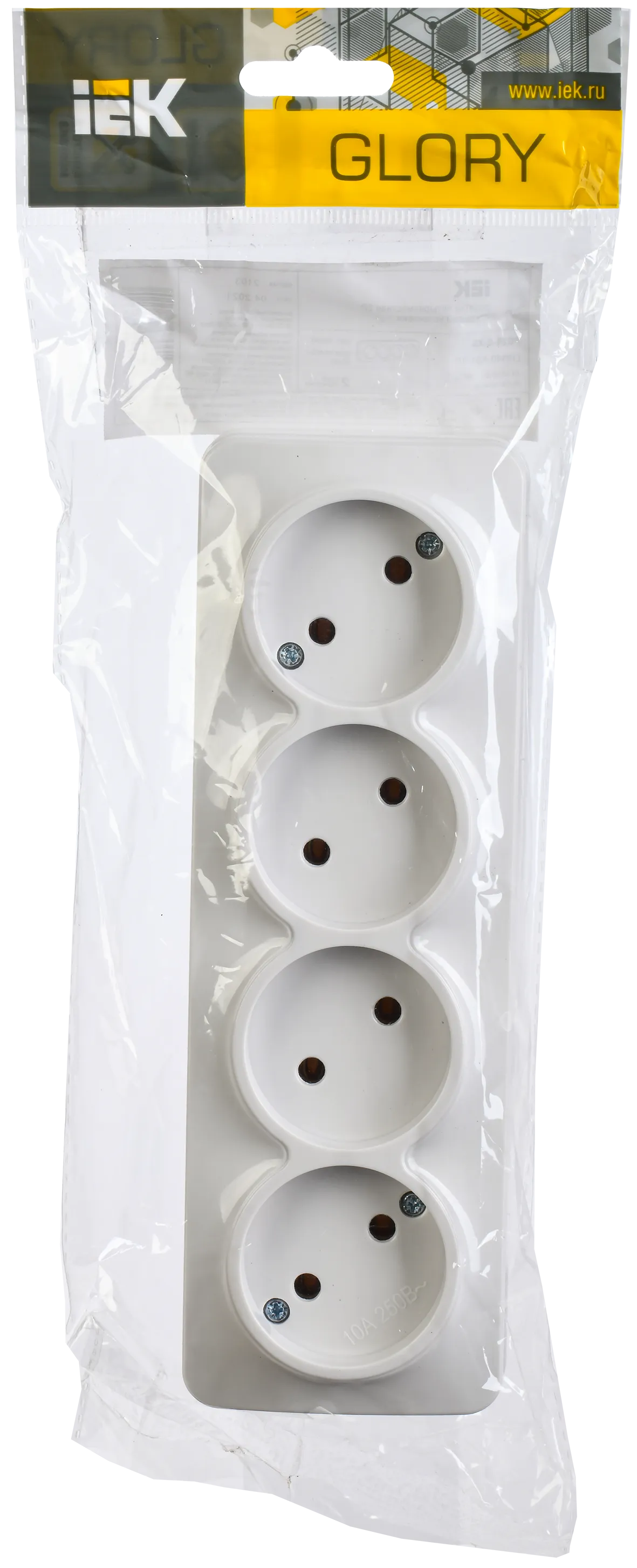 GLORY Розетка 4-местная для открытой установки без заземления без защитных шторок 10А РС24-2-ХБ белый IEK - Фото 2