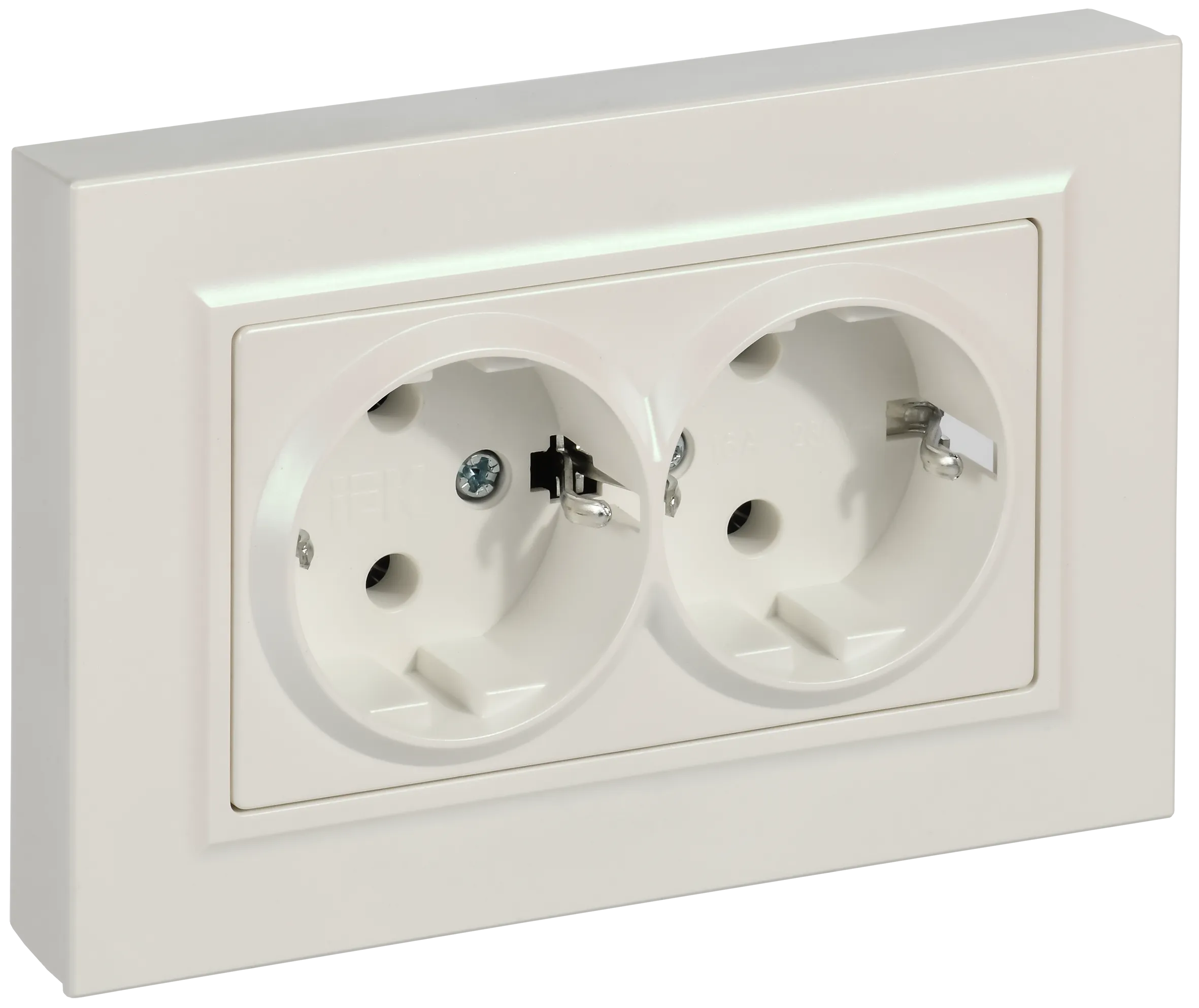 BRITE Розетка 2-местная с заземлением без защитных шторок плоская 16А в сборе РСПл12-3-БрЖ жемчуг IEK BR-R27-16-K36-F