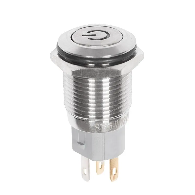 Кнопка антивандальная Ø16 12В(LED) Б/Фикс (5с) OFF-(ON)/ON-(OFF) плоская подсв/синяя POWER (A-16-F5)