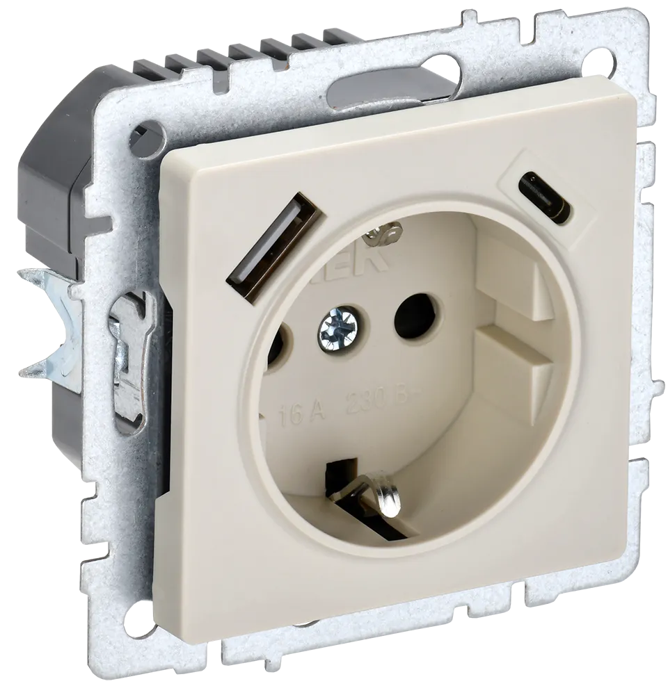 BRITE Розетка 1-местная с заземлением с защитными шторками 16А с USB A+C 18Вт РЮш11-1-БрКр бежевый IEK