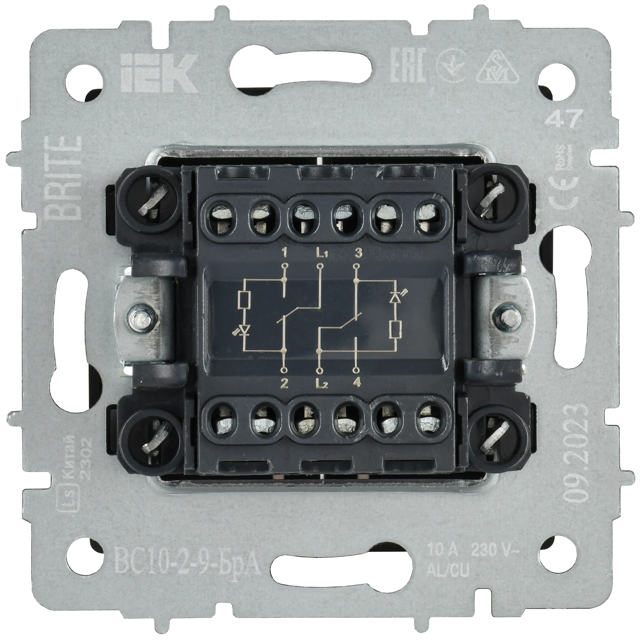 BRITE Выключатель 2-клавишный с индикацией для отелей 10А ВС10-2-9-БрА алюминий IEK - Фото 5