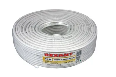 Кабель коаксиальный RG-59U, 75Ом, Cu/Al/Cu, 64%, 100м, INDOOR, белый REXANT - Фото 2