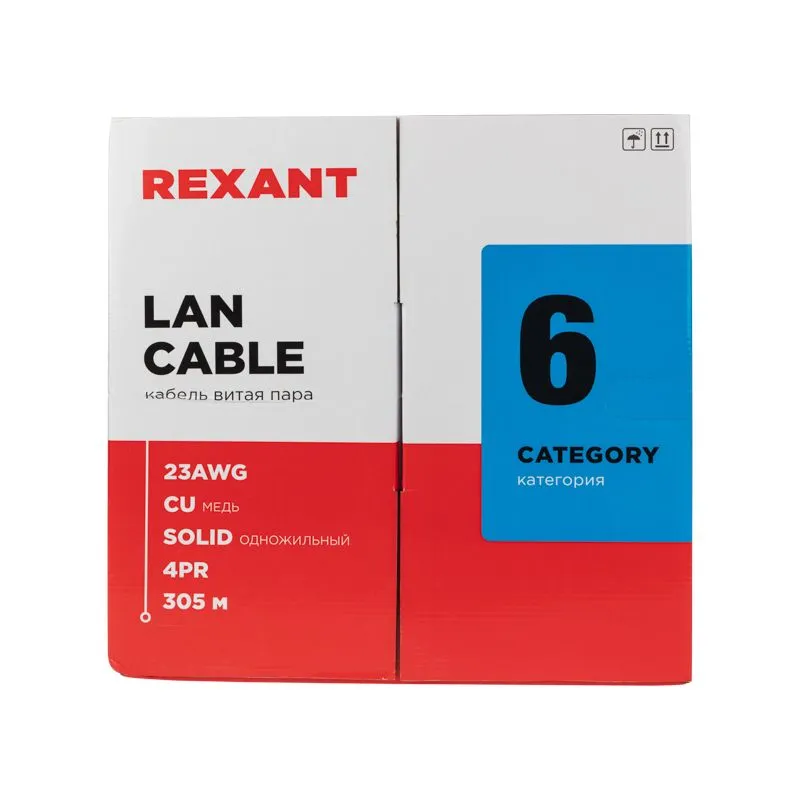 Кабель витая пара U/UTP, CAT 6, ZH нг(А)-HF, 4PR, 23AWG, INDOOR, SOLID, серый, 305 м, REXANT - Фото 3