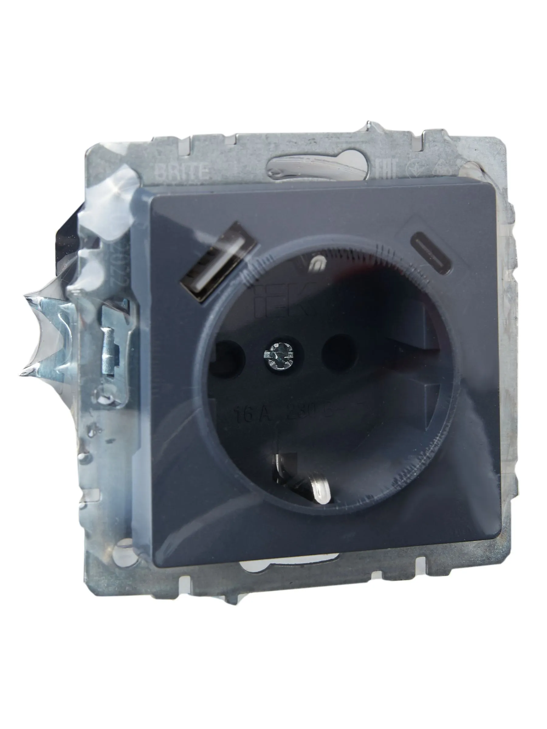 BRITE Розетка 1-местная с заземлением с защитными шторками 16А с USB A+C 18Вт РЮш11-1-БрМ маренго IEK - Фото 4