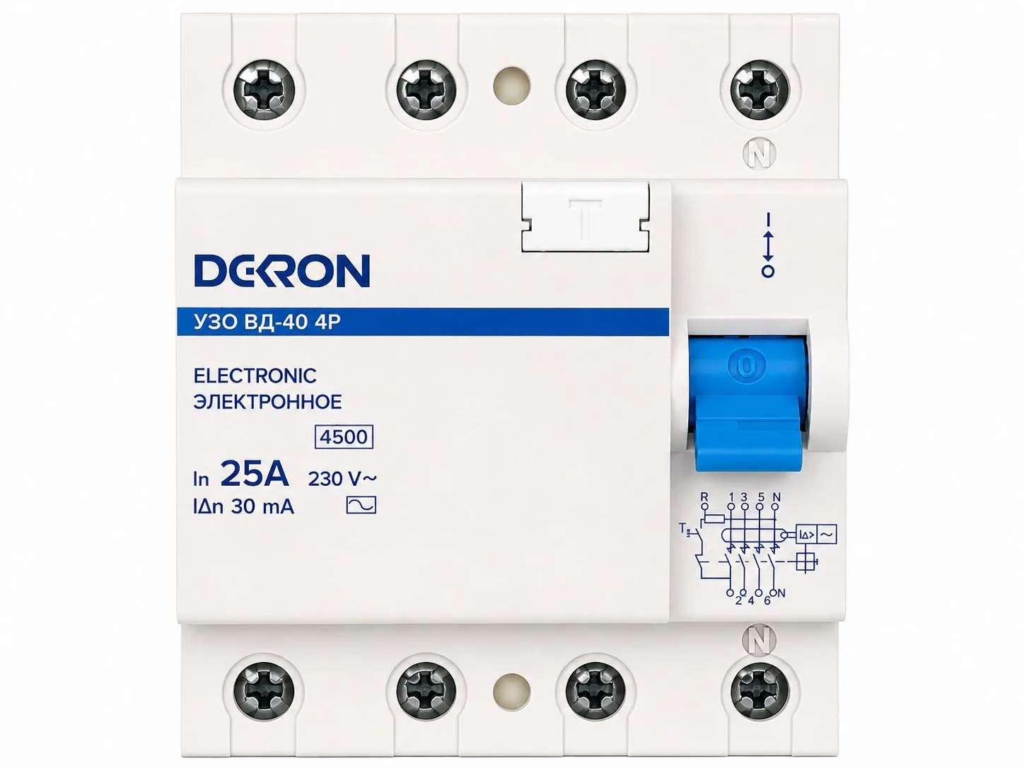 Устройства защитного отключения УЗО ВД-40 4P 25А/30мА тип АС 4,5кА DEKRON rcd40-4-25-30AC-dek