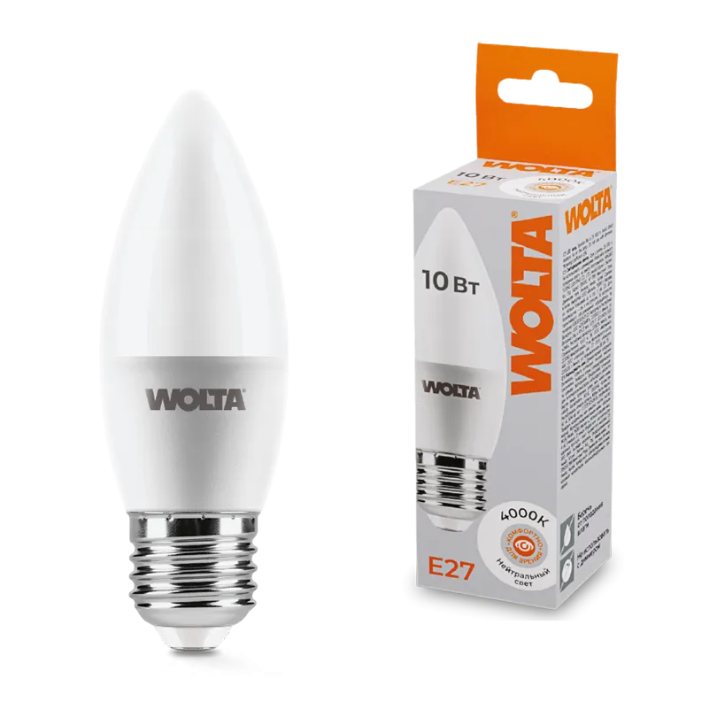 Лампа светодиодная "Свеча-C37" 10Вт 800лм 4000К Е27 (50шт/уп) WOLTA