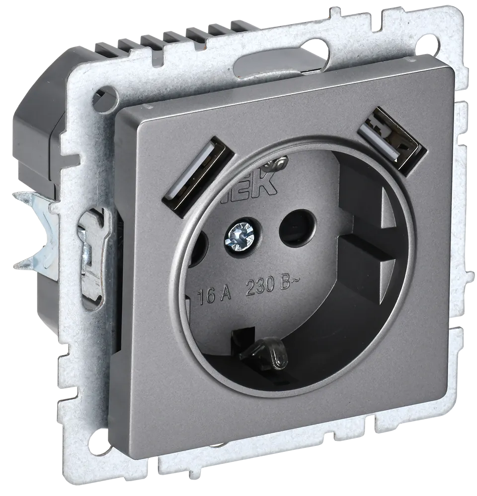 BRITE Розетка 1-местная с заземлением с защитными шторками 16А с USB A+A 5В 2,1А РЮш10-1-БрС сталь IEK