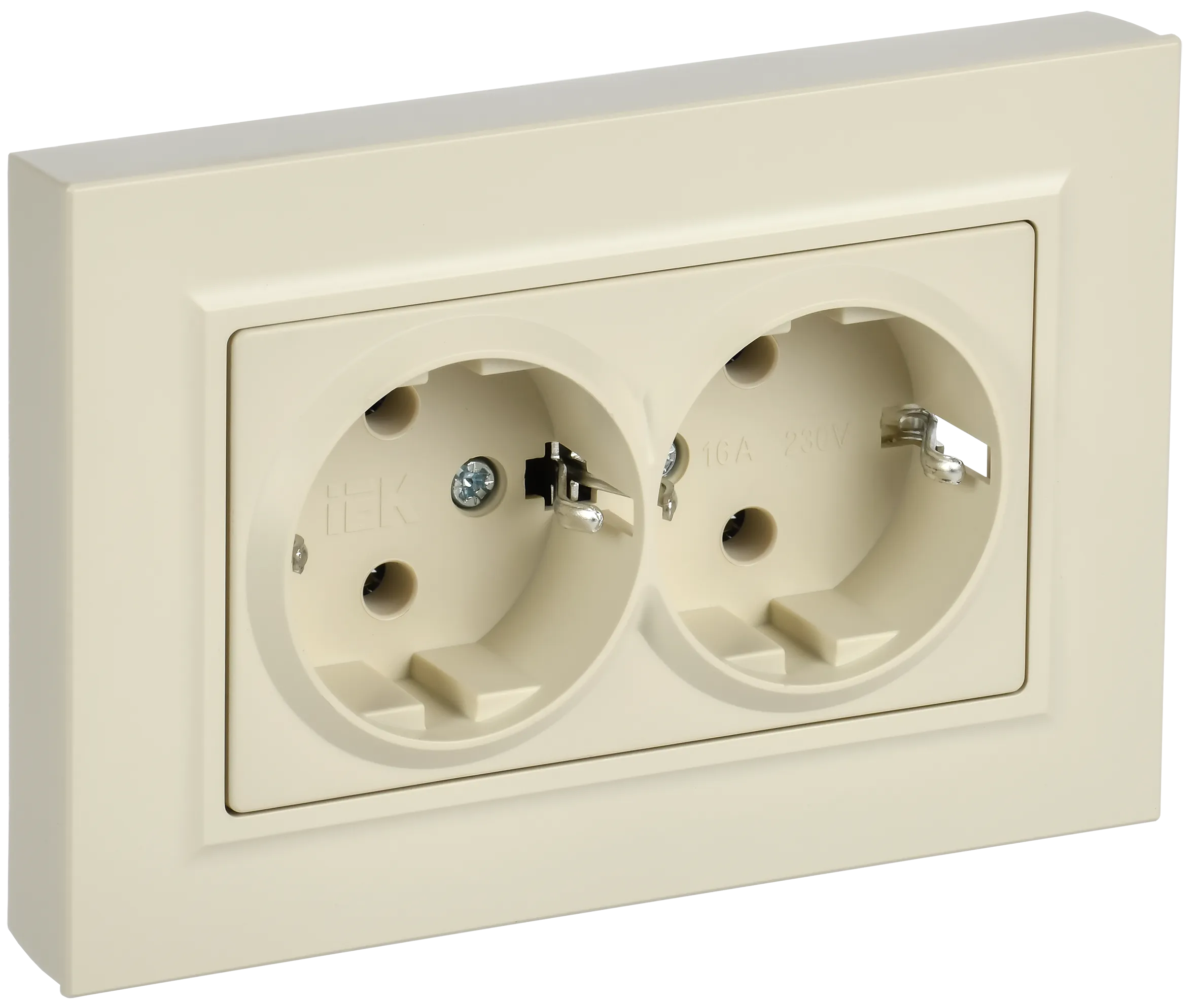 BRITE Розетка 2-местная с заземлением без защитных шторок плоская 16А в сборе РСПл12-3-БрКр бежевый IEK
