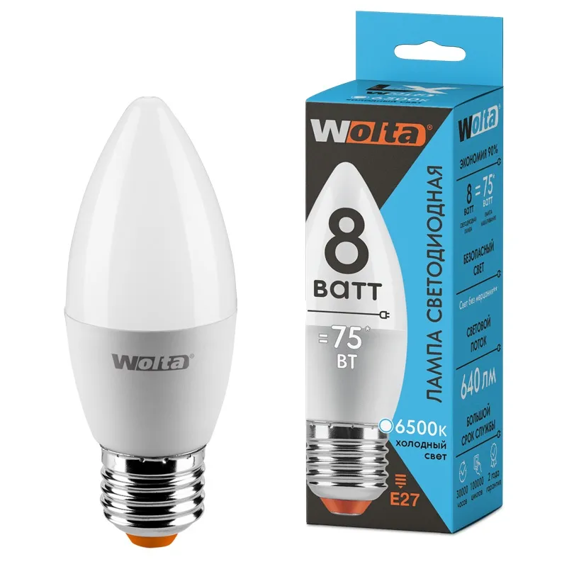 Лампа светодиодная "Свеча-LX"  8Вт 640лм 6500К Е27 (50шт/уп) WOLTA