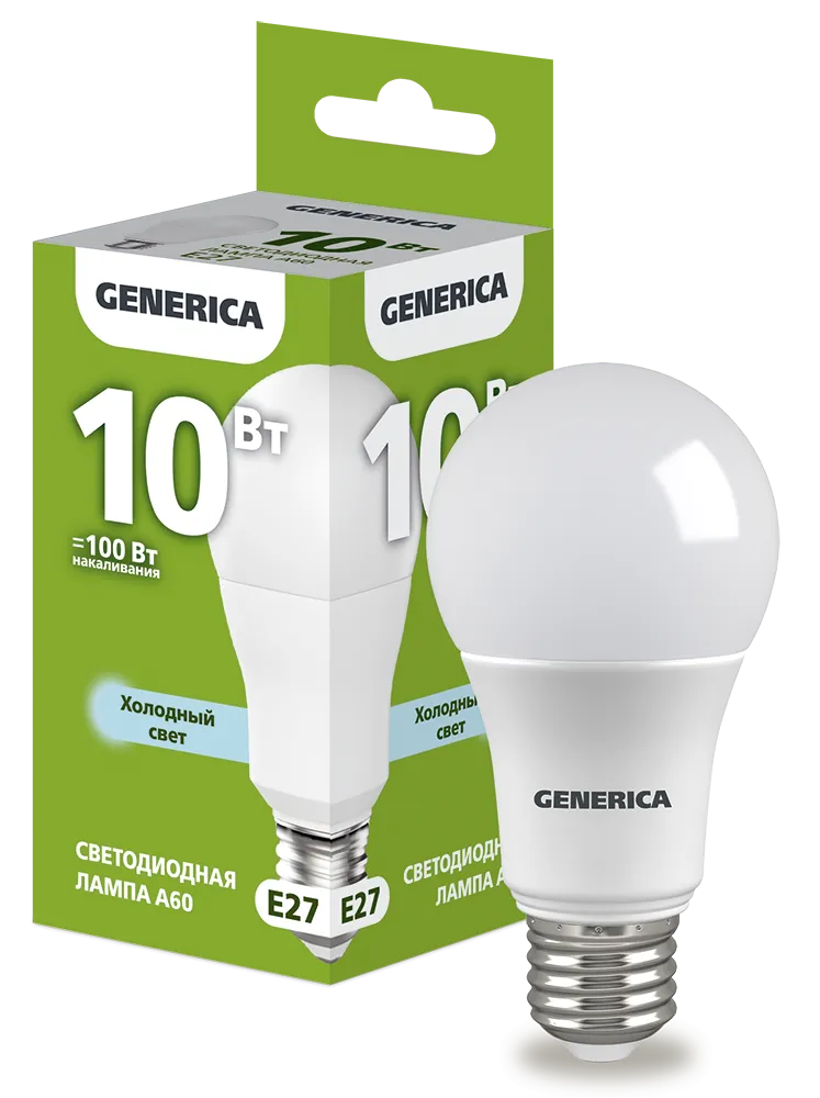 Лампа светодиодная A60 груша 10Вт 230В 6500К E27 GENERICA