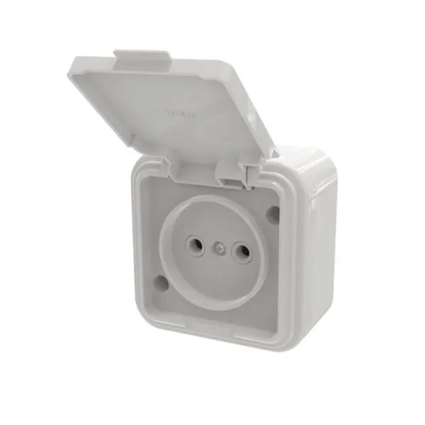 Розетка 1-местная RA16-201-Белая без заземляющего контакта, с крышкой, 16А, IP44