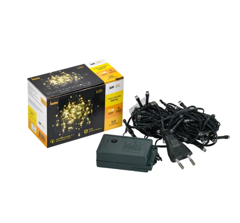 LIGHTING Гирлянда нить 5м 50 светодиодов теплый белый свет IP20 зеленый шнур 1,5м 230В контроллер 8 сцен IEK