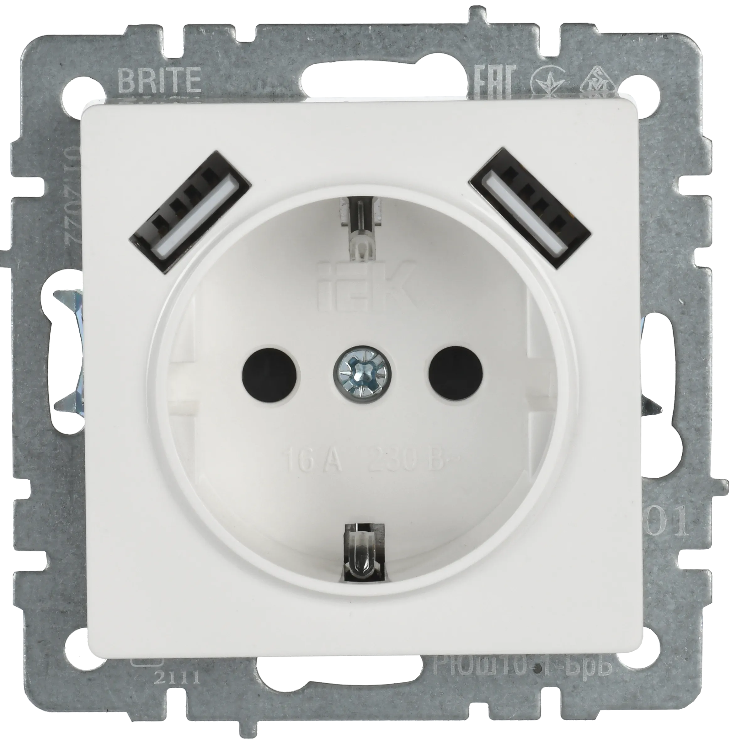 BRITE Розетка 1-местная с заземлением с защитными шторками 16А с USB A+A 5В 2,1А РЮш10-1-БрБ белый IEK - Фото 5
