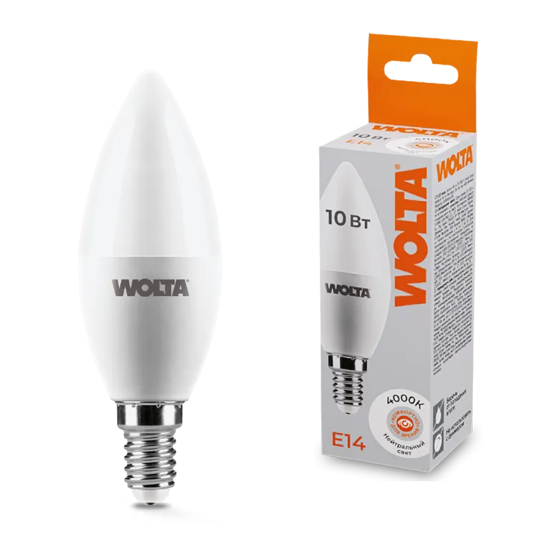 Лампа светодиодная "Свеча-C37" 10Вт 800лм 4000К Е14 (50шт/уп) WOLTA