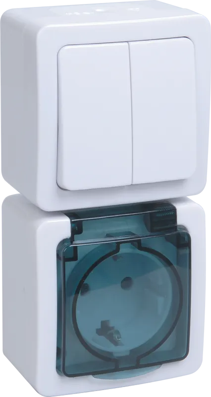 Блок вертикальный для открытой установки БВб-22-32-ГПБд (Выключатель 2-клавишный + розетка 1-местная с заземляющим контактом) IP54 ГЕРМЕС PLUS (белый/ EBVMP20-K03-32-54-EC