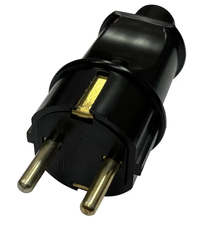 Вилка прямая с заземляющим контактом IP20, УХЛ4, 250 В, 16А, каучук, черная