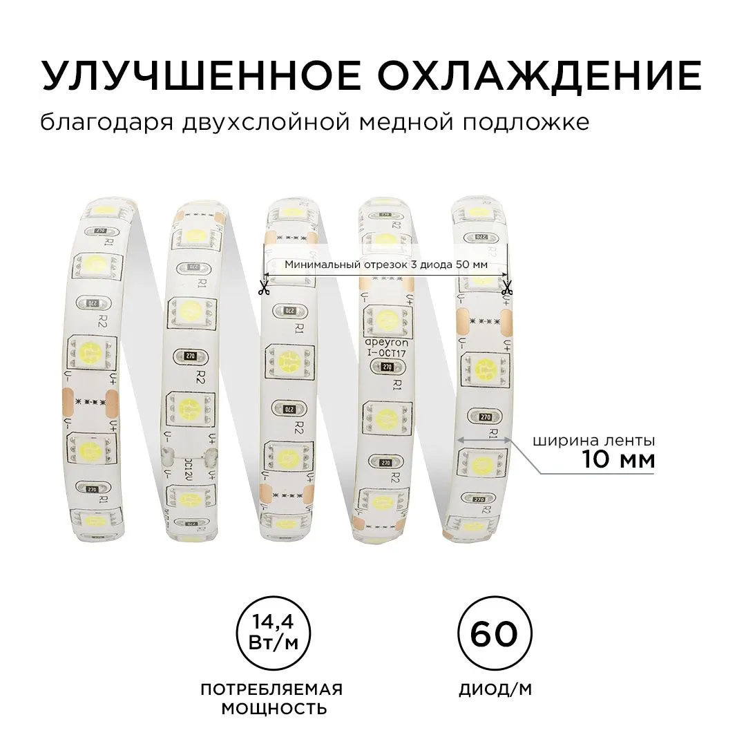 Лента светодиодная СТ smd5050 60д/м 12В 6500К IP65 5м Apeyron - Фото 5