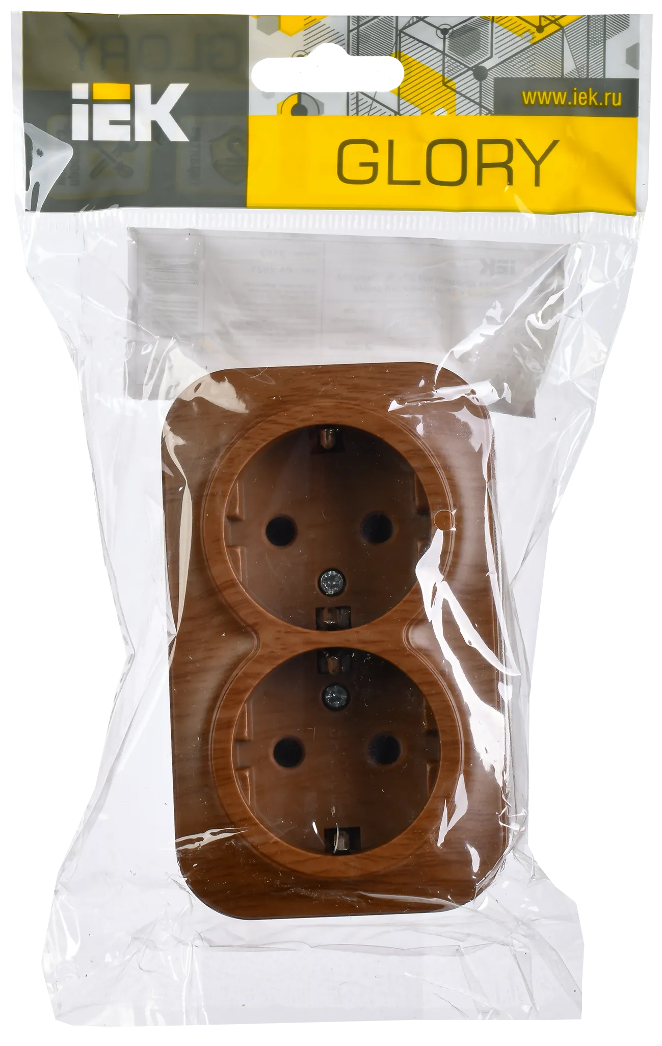 GLORY Розетка 2-местная для открытой установки с заземлением без защитных шторок 16А РС22-3-ХД дуб IEK - Фото 2
