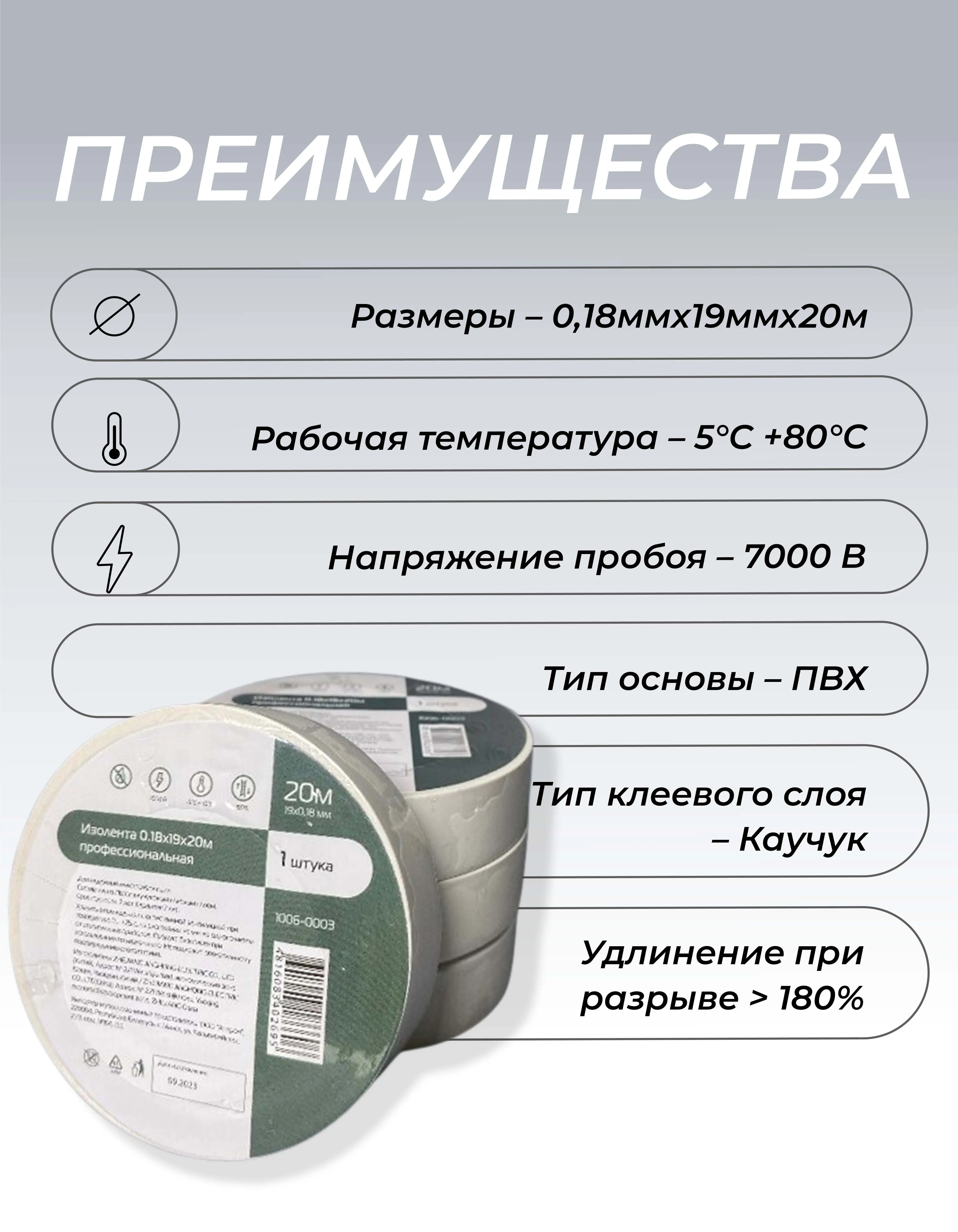 Изолента ПВХ 0,18х19мм, 20м профессиональная белая (10шт/уп) DEKRON - Фото 2