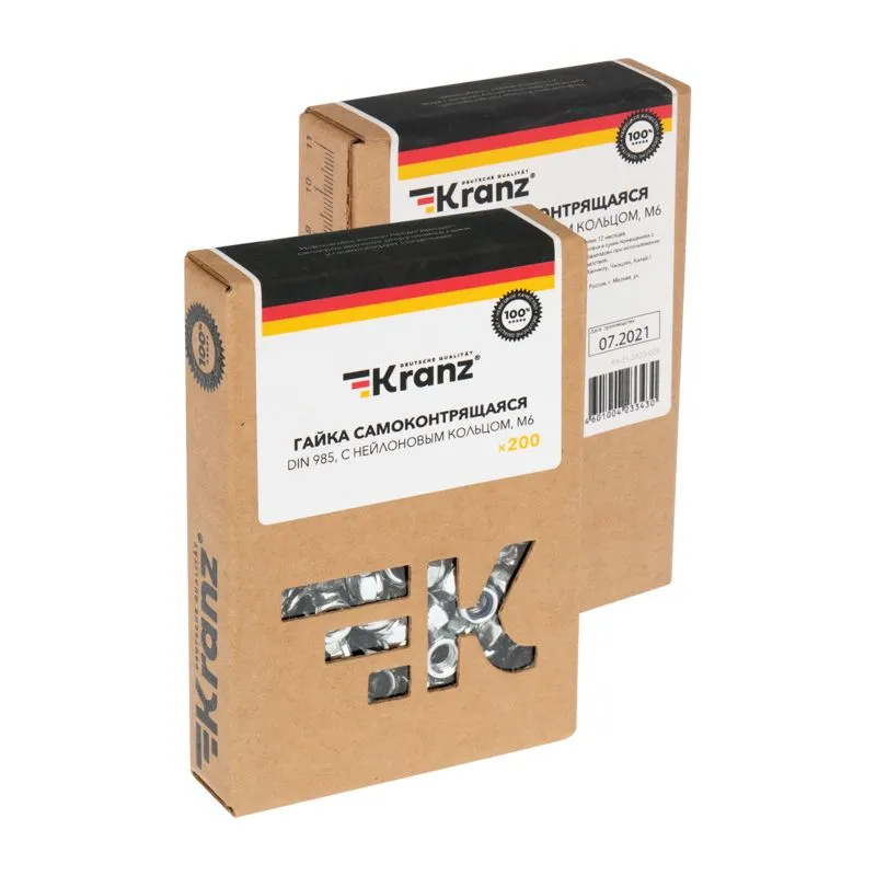 Гайка самоконтрящаяся DIN 985, с нейлоновым кольцом, M6 короб (200 шт/уп) KRANZ - Фото 3