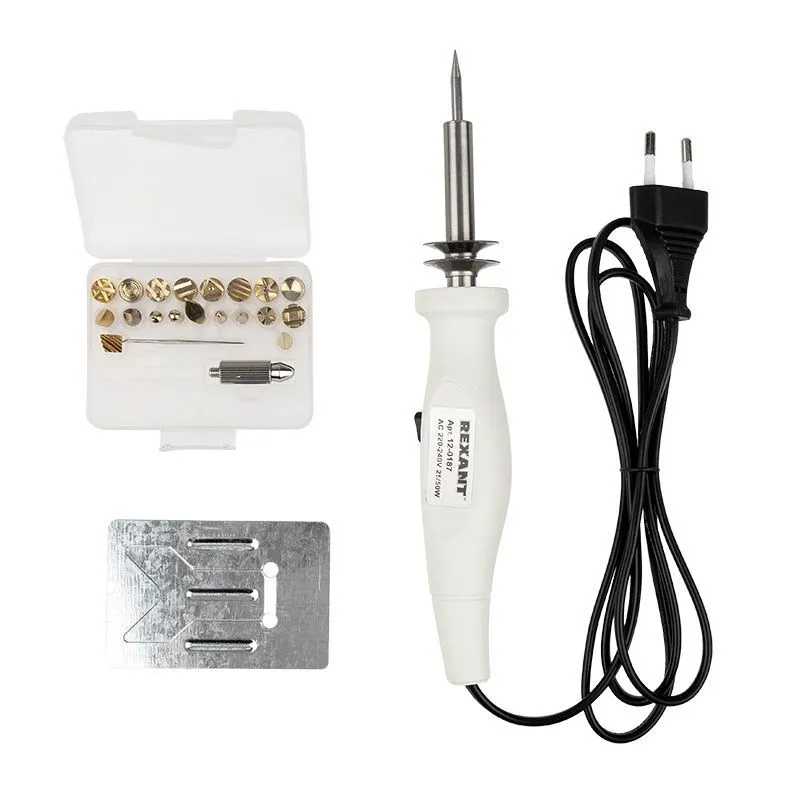 Выжигатель (набор паяльник - выжигатель), пирограф, 30/50Вт, 230В, 420-500°C, 21 насадка + подставка, коробка REXANT 12-0187