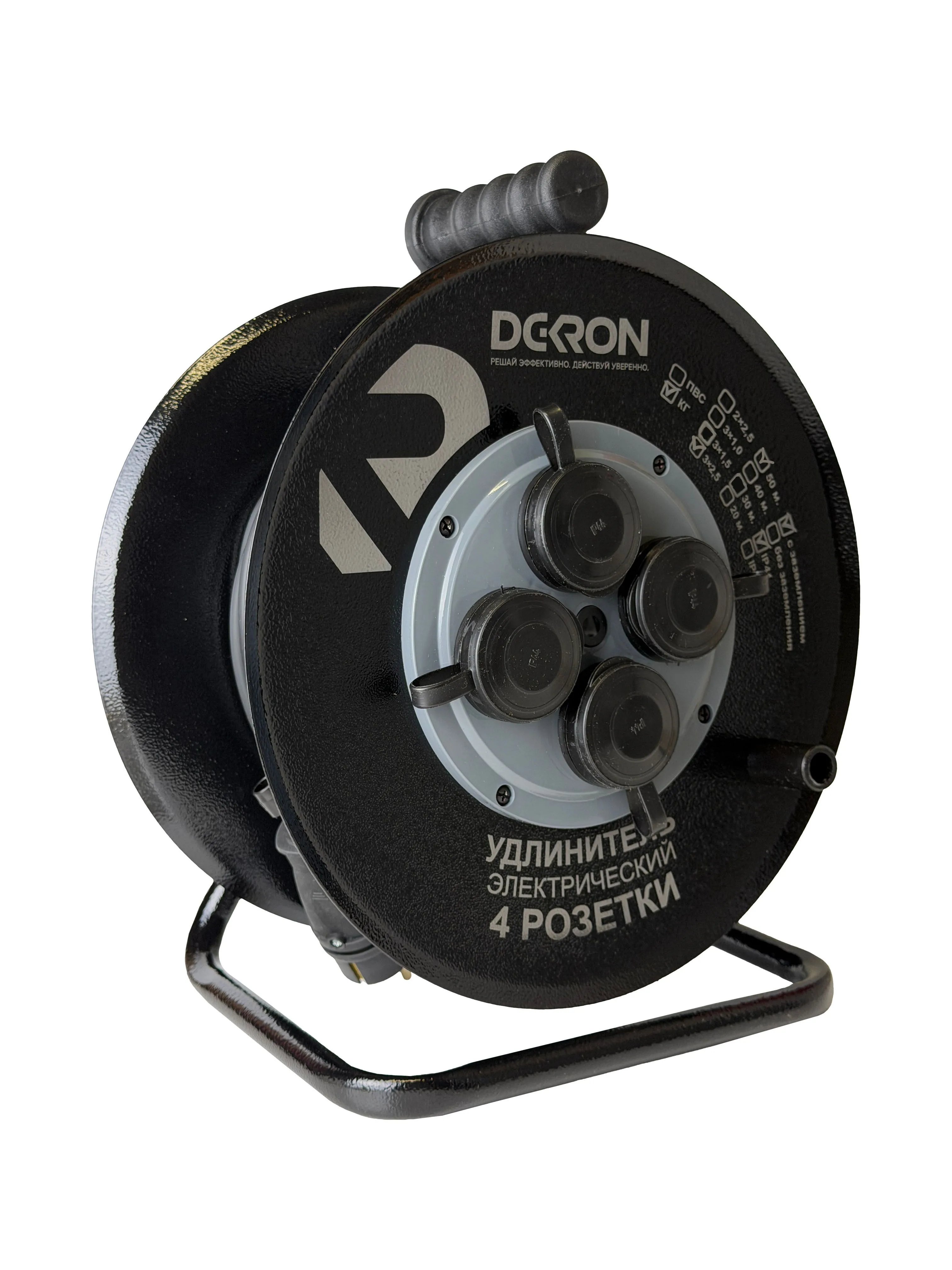 Удлинитель на катушке (металл) УХз-16-4-50-КМ УХЛ2, 4 гнезда с заземлением и крышками, КГ 3х2,5 50м, 16А, IP44 DEKRON DEK0906-0008