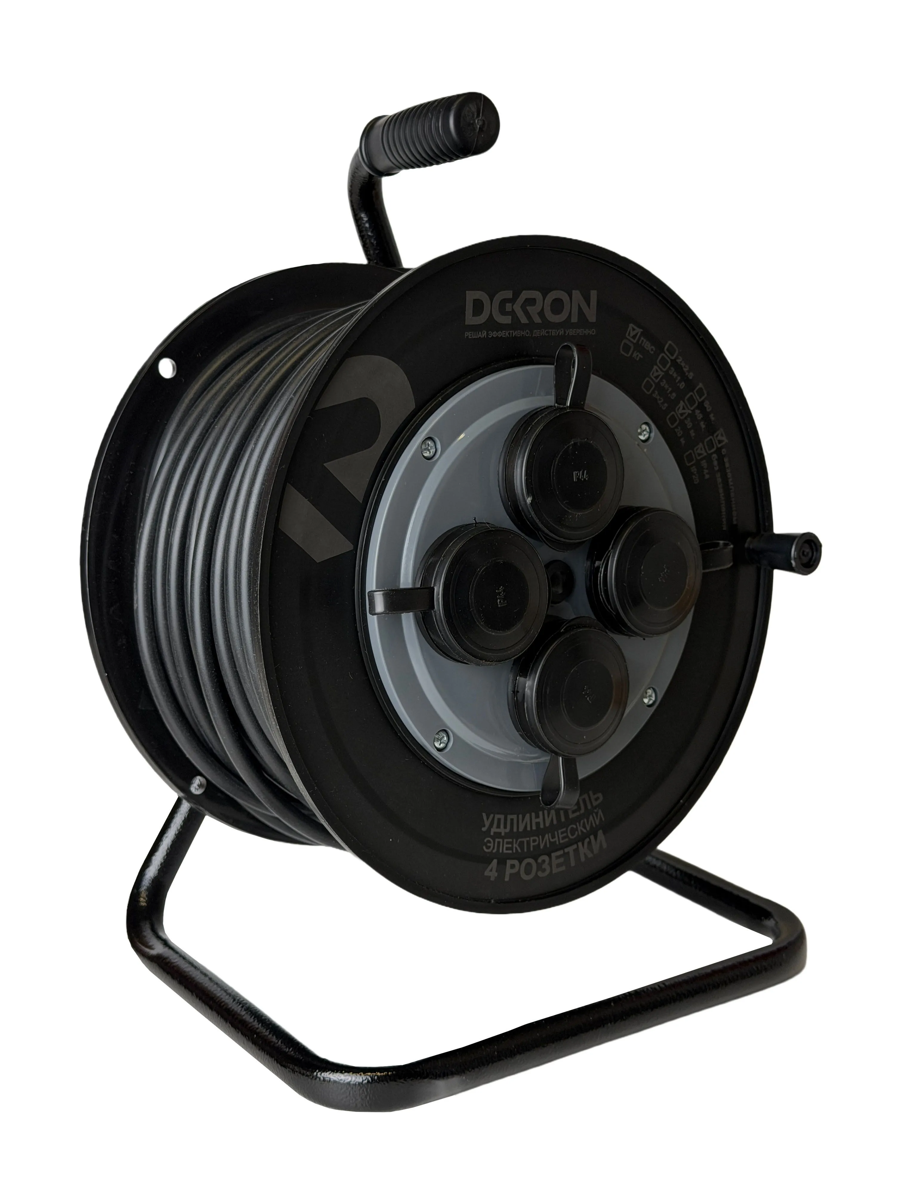 Удлинитель силовой ПВС 3х1,5 30м, на катушке (пластик), 4 гнезда с заземлением и крышками, 30А, IP44 DEKRON - Фото 3