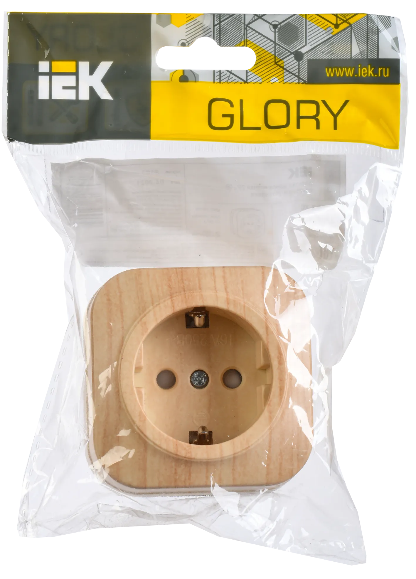 GLORY Розетка 1-местная для открытой установки с заземлением с защитными шторками 16А РСш20-3-ХС сосна IEK - Фото 2