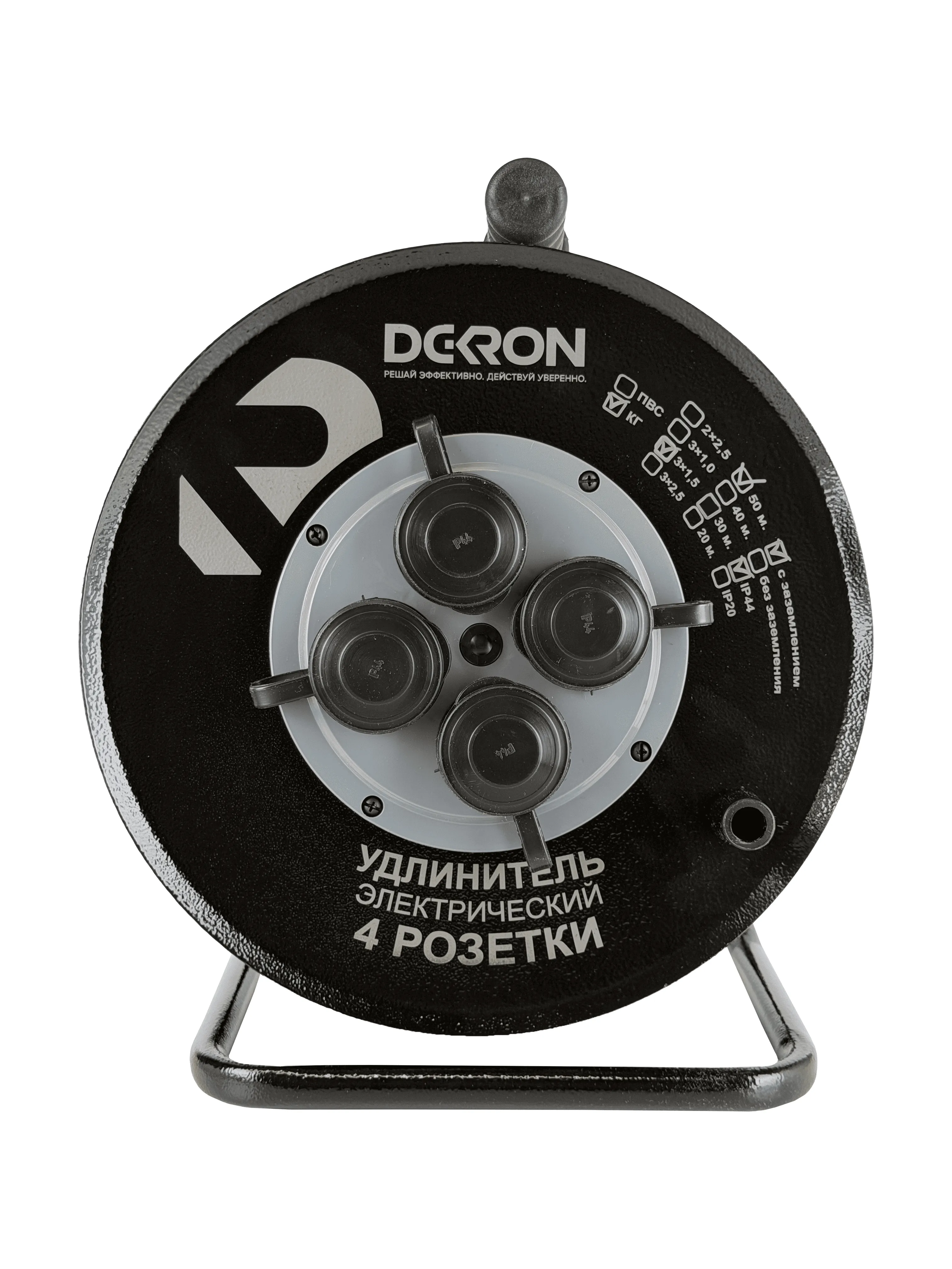 Удлинитель силовой КГ 3х1,5 50м, на катушке (металл), 4 гнезда с заземлением и крышками, 16А, IP44 DEKRON