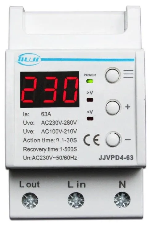 Однофазное реле напряжения с дисплеем 63A (ввод снизу) JJVPD4-63