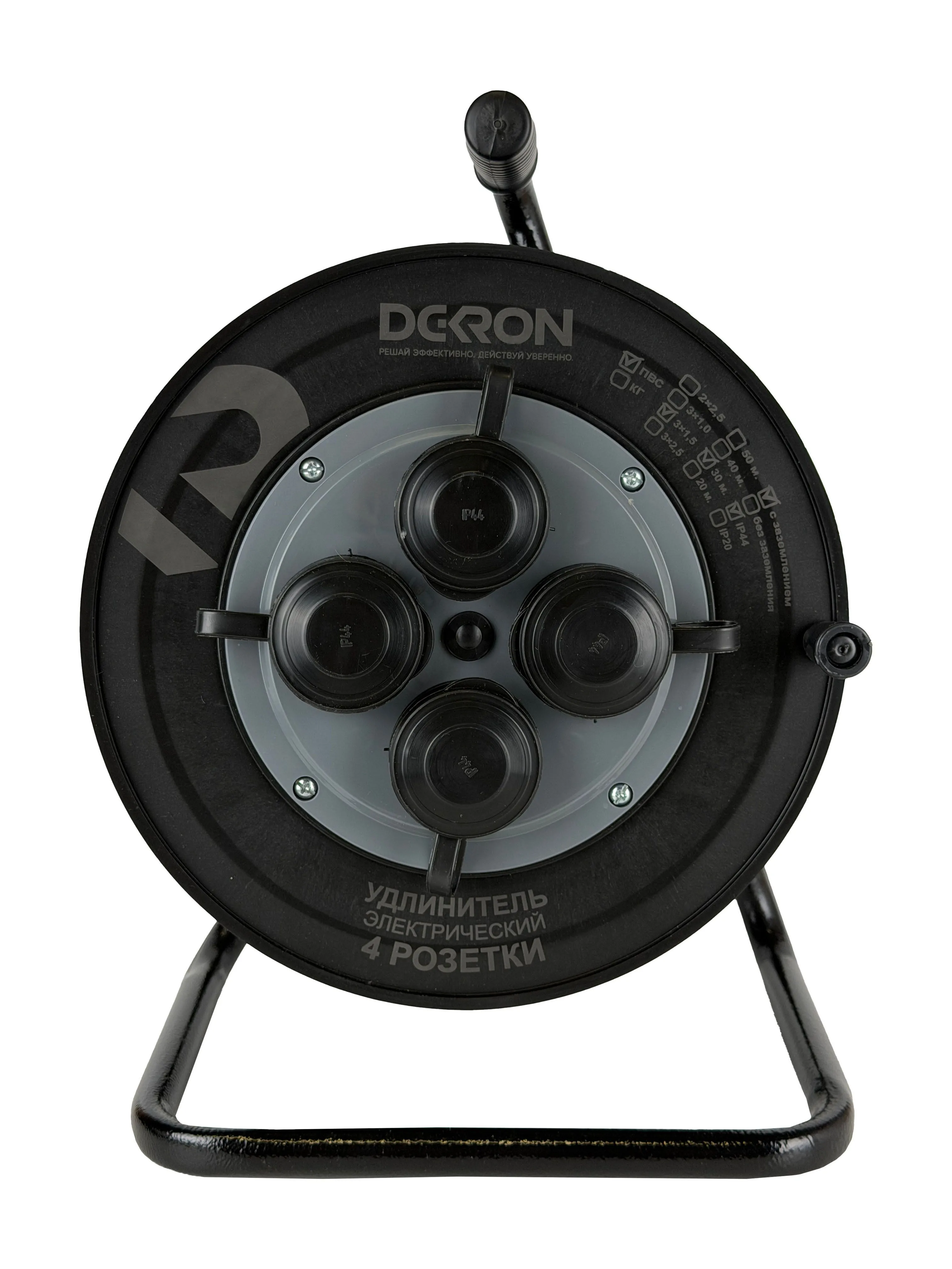Удлинитель силовой ПВС 3х1,5 30м, на катушке (пластик), 4 гнезда с заземлением и крышками, 30А, IP44 DEKRON
