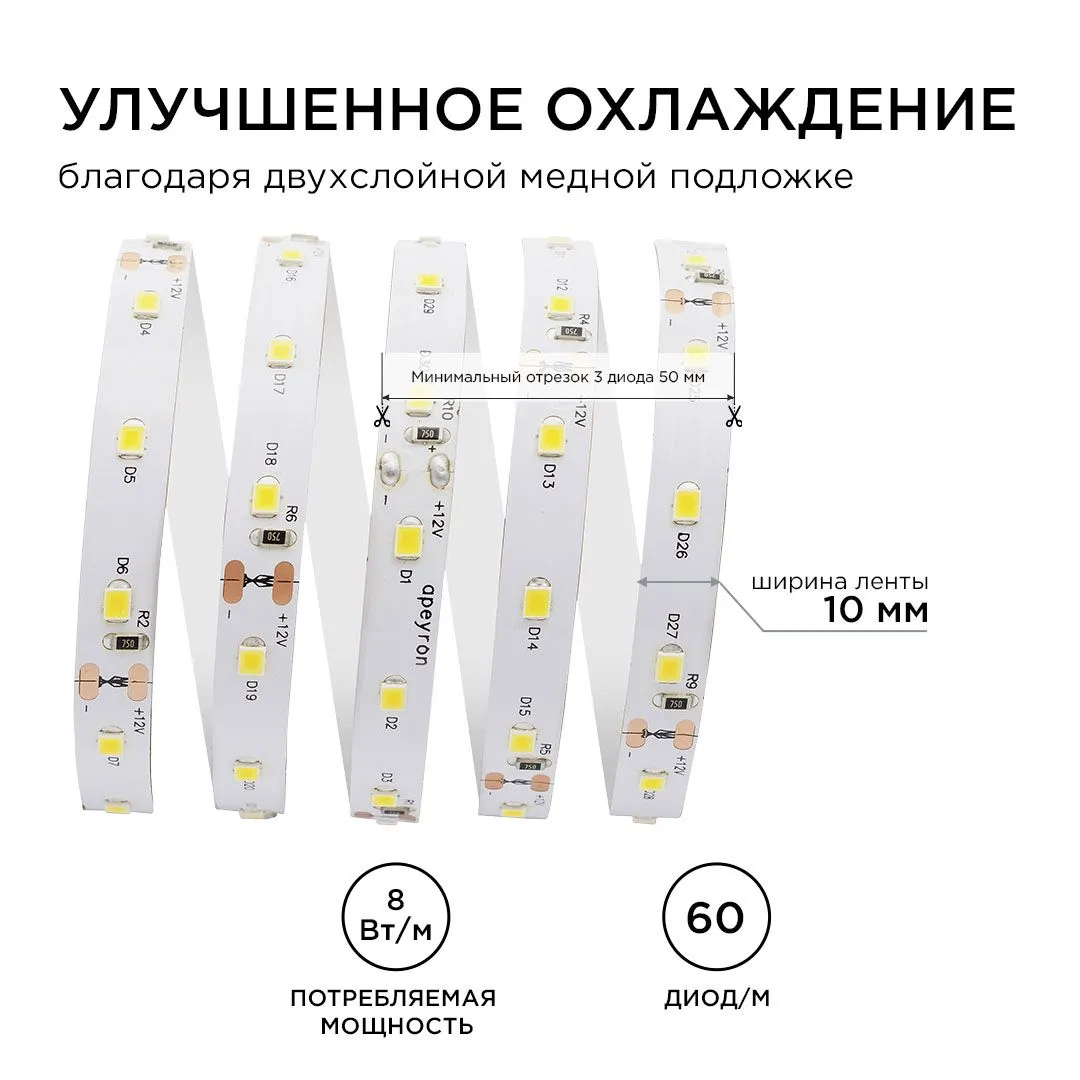 Лента светодиодная СТ smd2835 60д/м 12В 3000К IP20 5м Apeyron - Фото 5