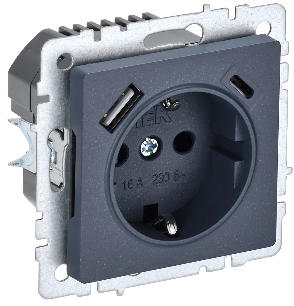 BRITE Розетка 1-местная с заземлением с защитными шторками 16А с USB A+C 18Вт РЮш11-1-БрМ маренго IEK BR-R14-16-U22-018-K35