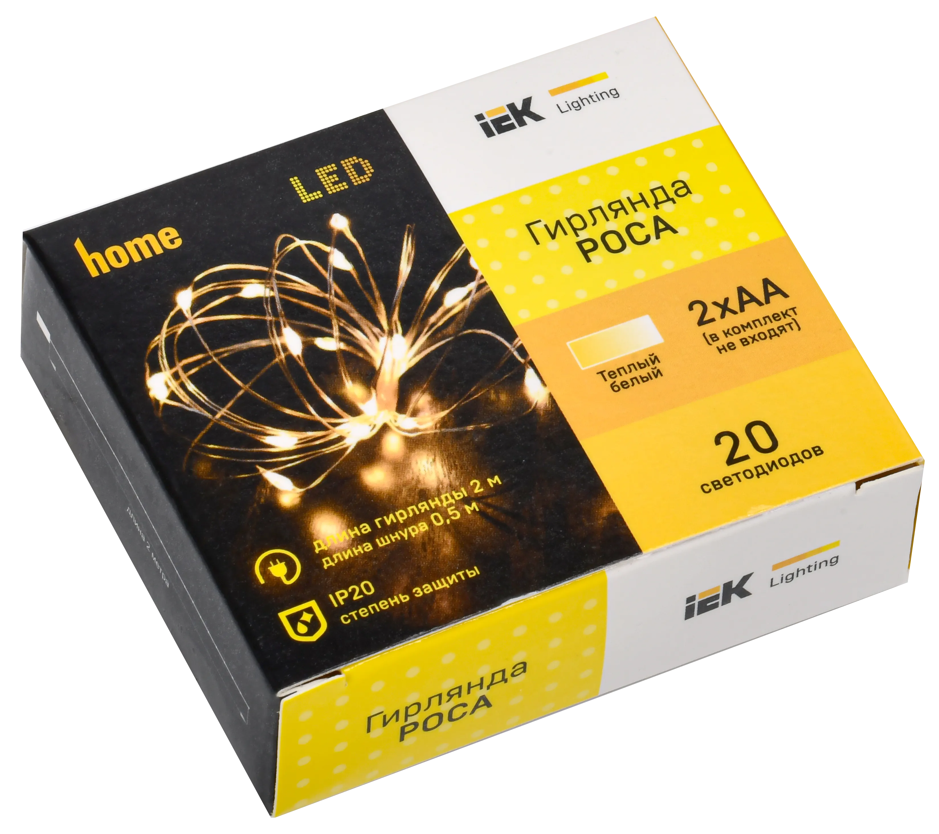 LIGHTING Гирлянда роса 2м 20 светодиодов теплый белый свет IP20 прозрачный шнур 0,3м 2АА IEK