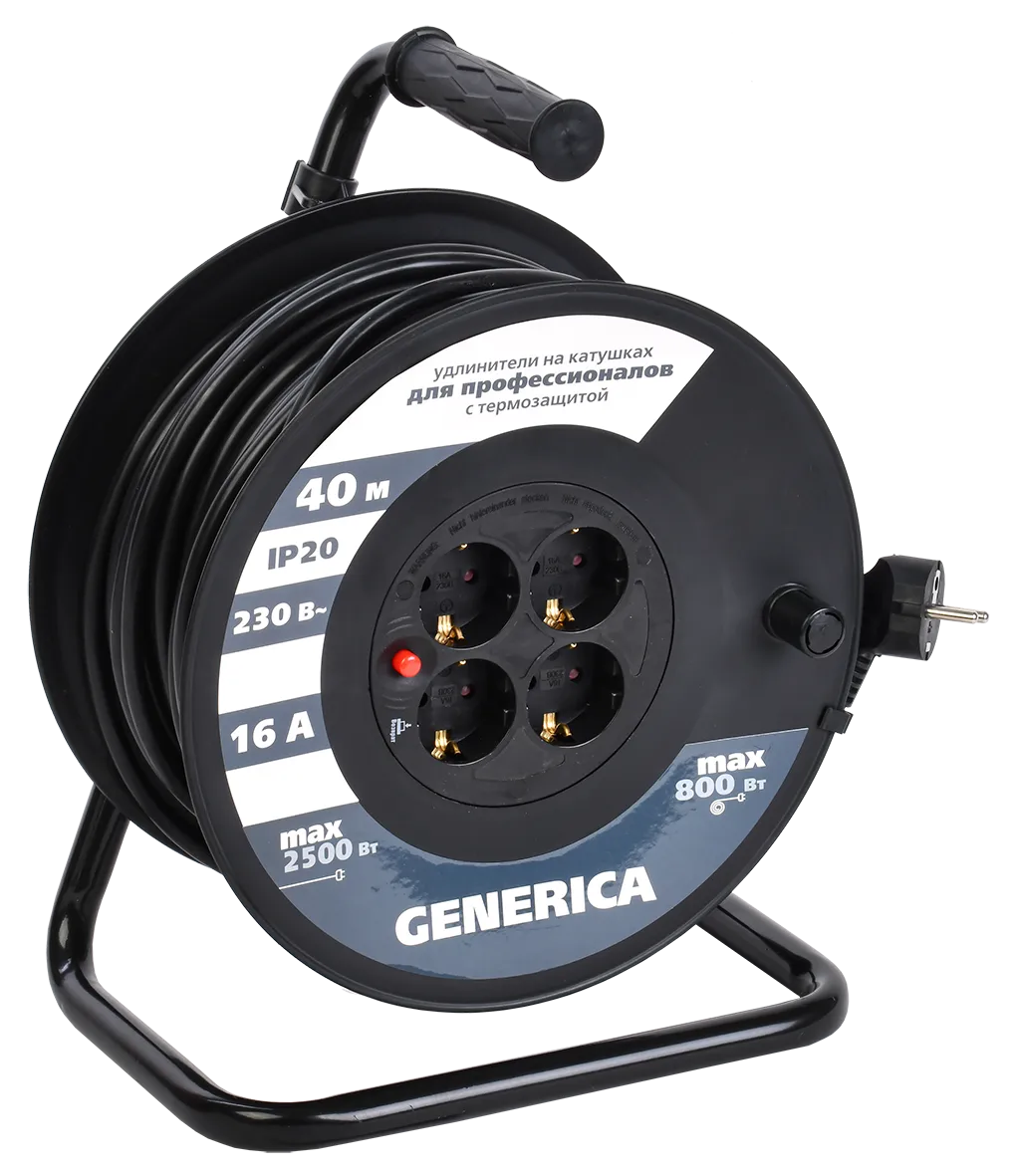 Катушка УК40 с термозащитой 4 места 2P+PE/40м 3х1,5мм2 GENERICA - Фото 2