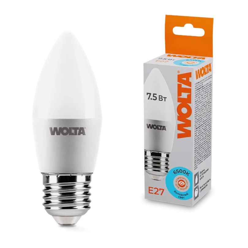 Лампа светодиодная "Свеча-C37" 7.5Вт 450лм 6500К Е27 (50шт/уп) WOLTA
