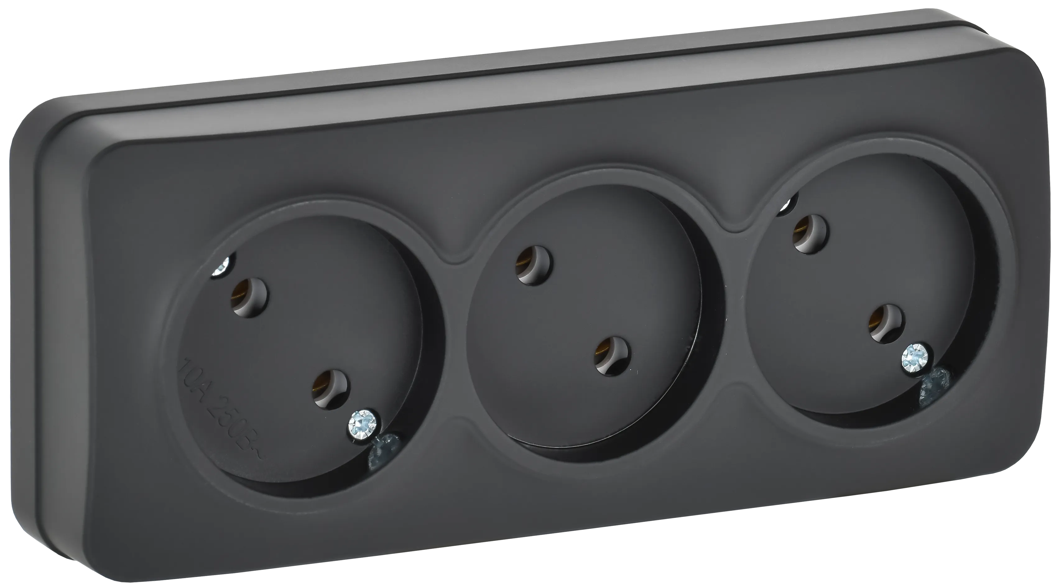 GLORY Розетка 3-местная для открытой установки без заземления без защитных шторок 10А РС23-2-ХЧм черный матовый IEK