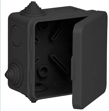 Коробка распаячная КМ41238 для открытой проводки с откидной крышкой безгалогенная (HF) 80х80х50мм IP54 7 гермовводов черная (RAL 9005) IEK