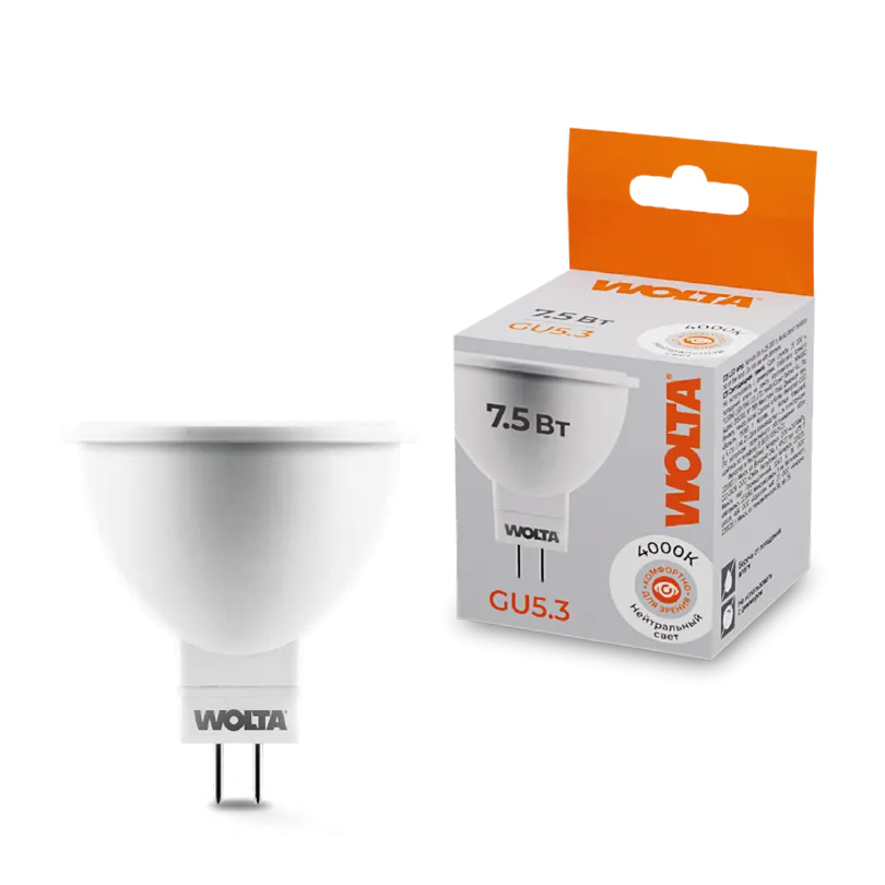 Лампа светодиодная "Рефлектор-MR16" 7.5Вт 625лм 4000К GU5.3 (50шт/уп) WOLTA