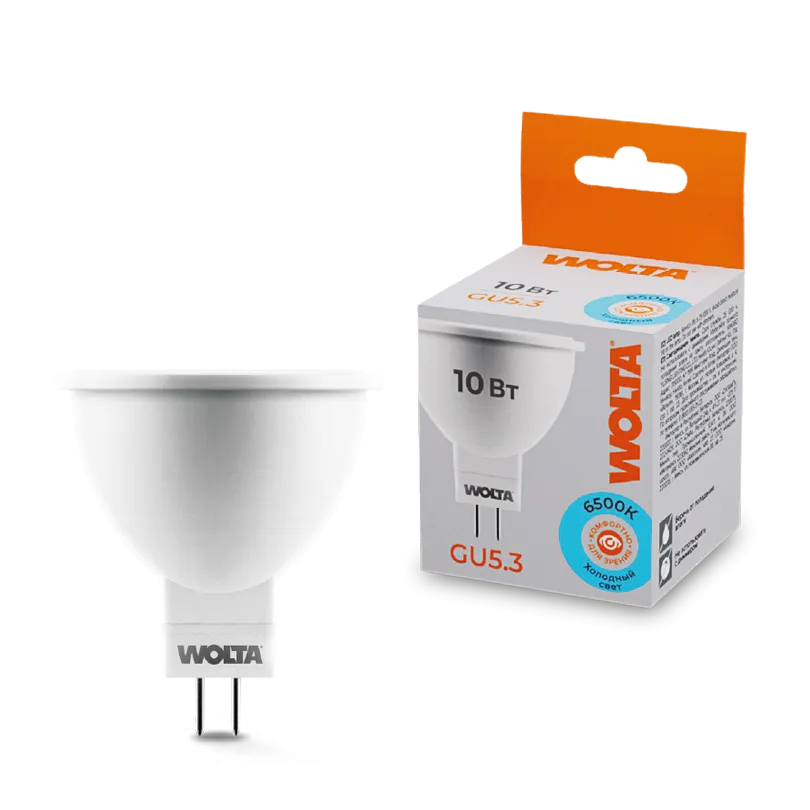 Лампа светодиодная WOLTA GU5.3 MR16 10Вт 825лм 6500К (50шт/уп)