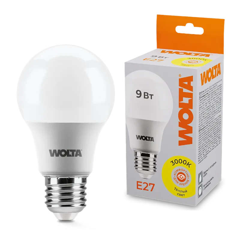 Светодиодная лампа  WOLTA 25Y60BL9E27 "Груша" A60 9Вт 800лм 3000К Е27 1/50 25Y60BL9E27
