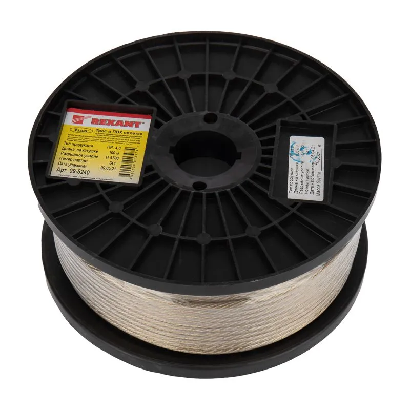Трос стальной в ПВХ оплетке d=4,0мм, прозрачный (бухта 100м) REXANT