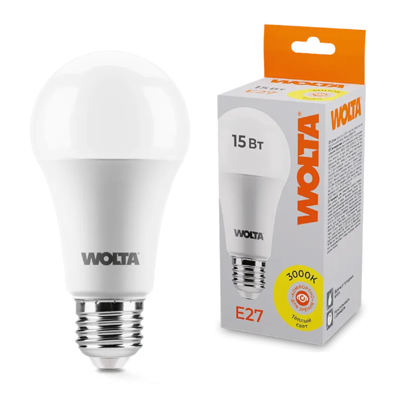 Лампа светодиодная "Груша" A60 15Вт 1200лм 3000К Е27 (50шт/уп) WOLTA 25Y60BL15E27