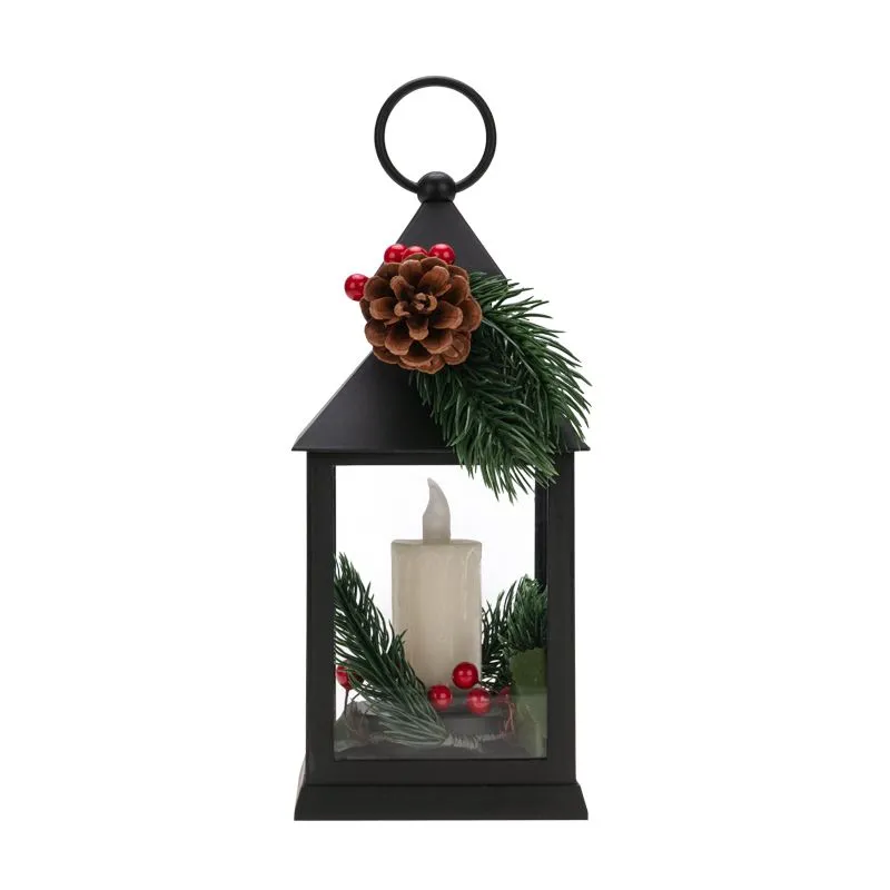 Декоративный фонарь со свечкой и шишкой, черный корпус, размер 10,7x10,7x23,5 см, цвет теплый белый - Фото 4