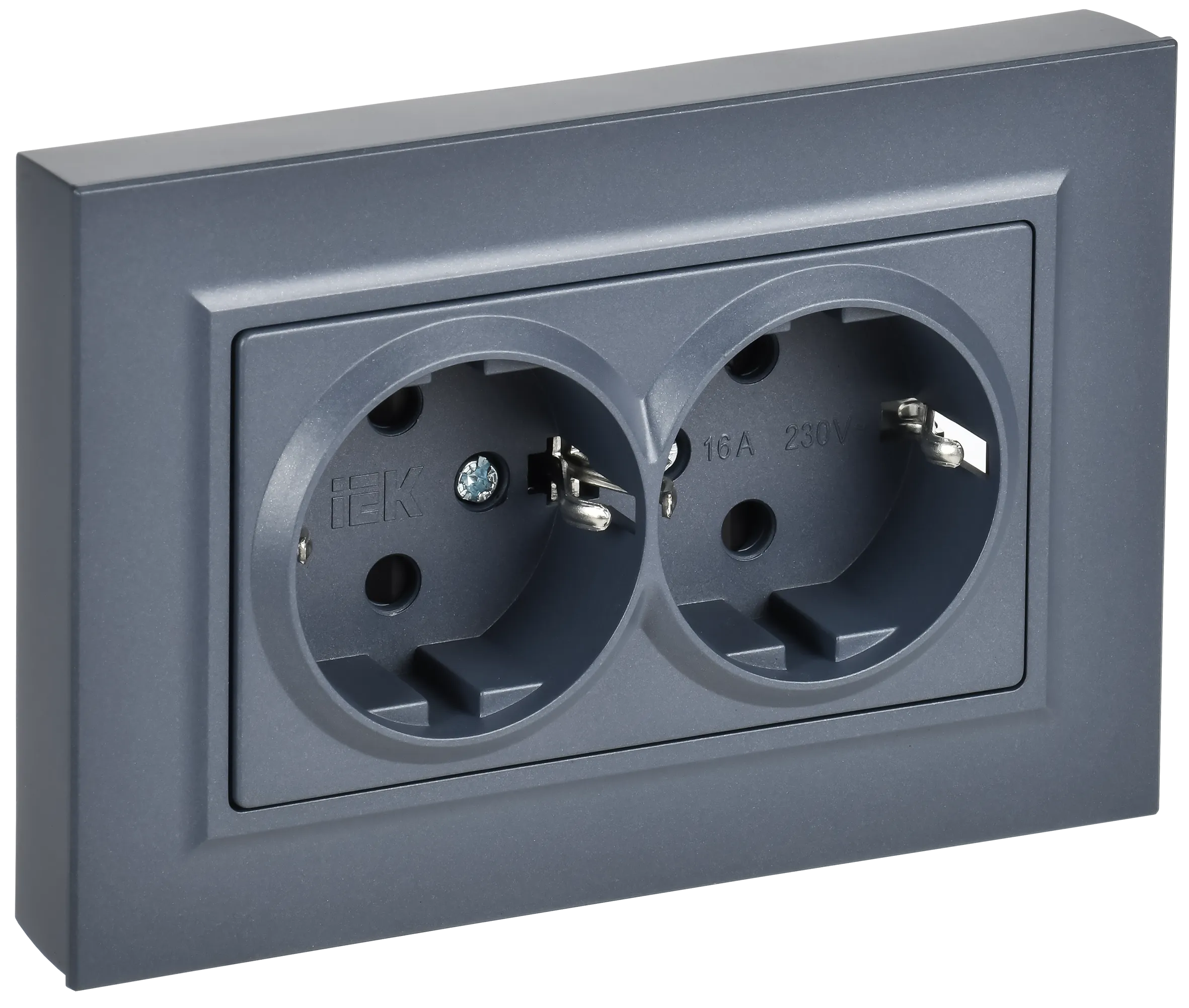 BRITE Розетка 2-местная с заземлением с защитными шторками плоская 16А в сборе РСшПл12-3-БрМ маренго IEK