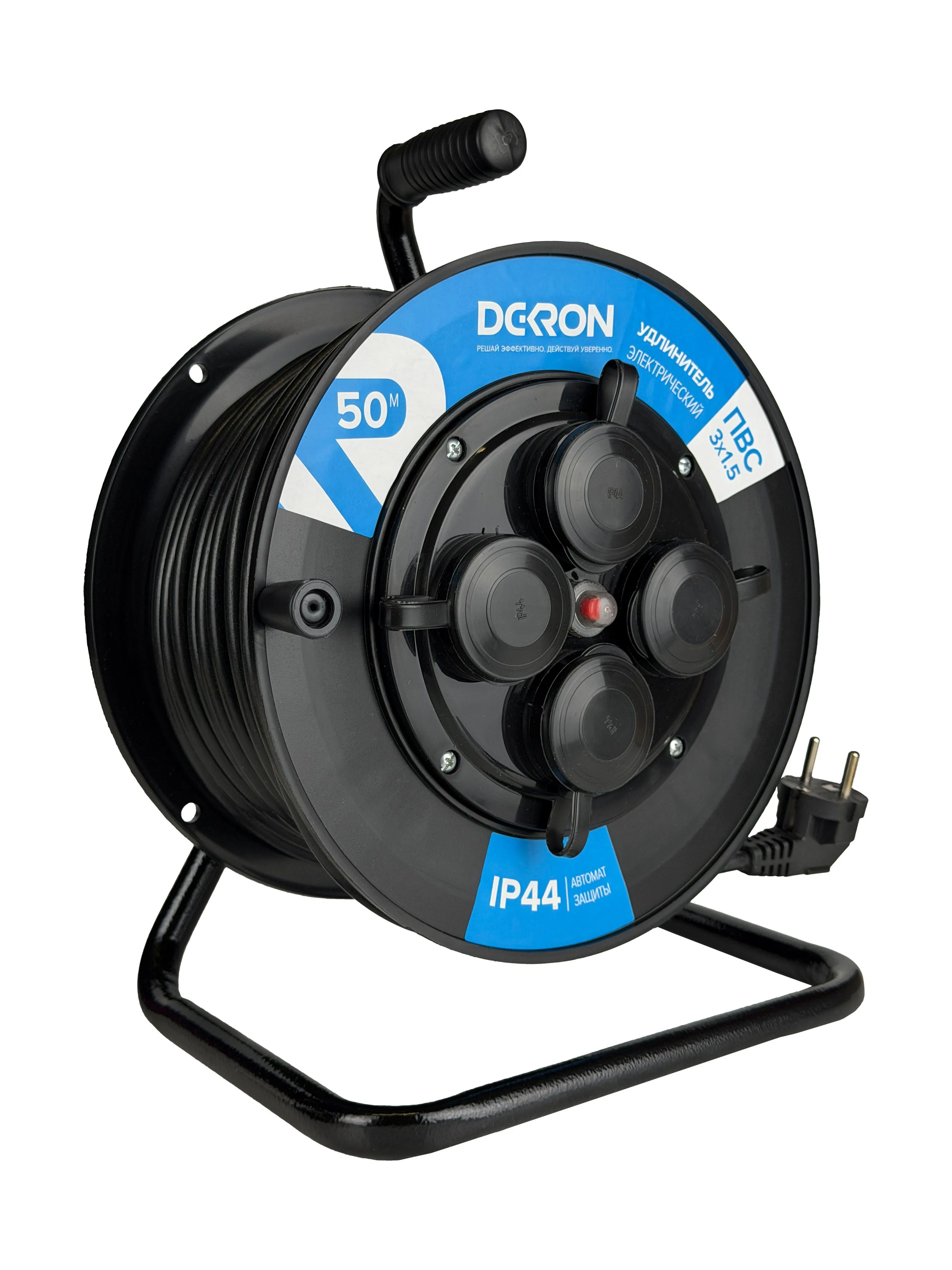 Удлинитель УКП-44 силовой на катушке 4 гн. ПВС 3х1,5 IP44 с/з 50м с автоматом защиты (катушка пластик) 16А 3500Вт DEK0961-0008