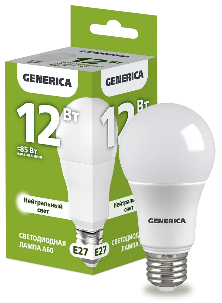 Лампа светодиодная A60 груша 12Вт 230В 4000К E27 GENERICA LL-A60-12-230-40-E27-G