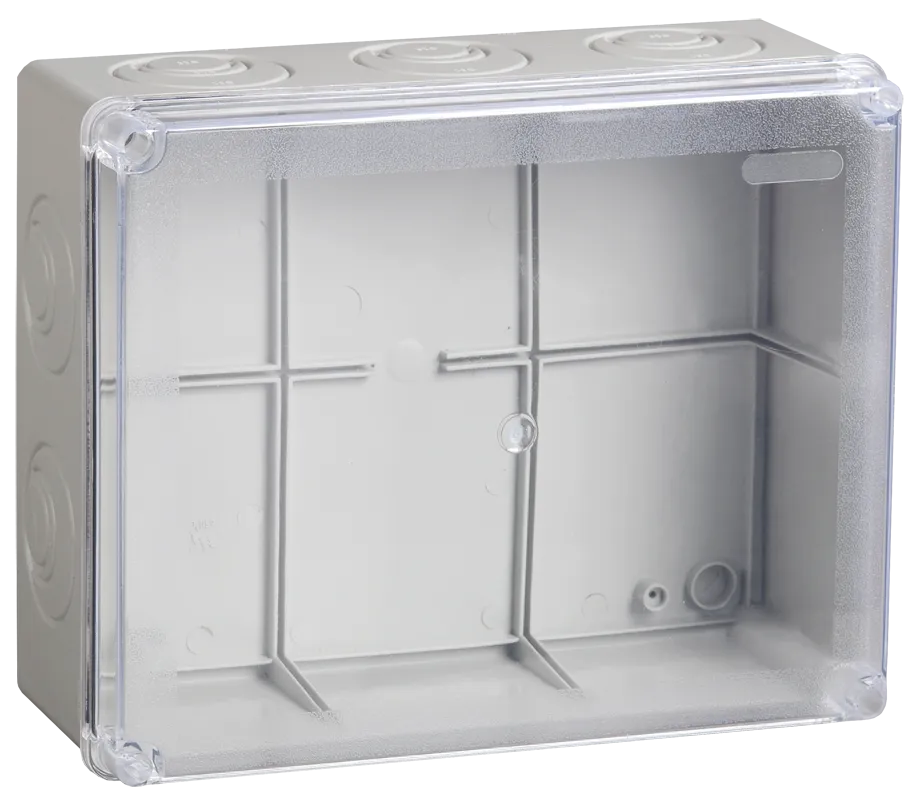 Коробка распаячная КМ41278 для открытой проводки безгалогенная (HF) 240х195х165мм с прозрачной крышкой IP55 5 вводов RAL 7035 IEK