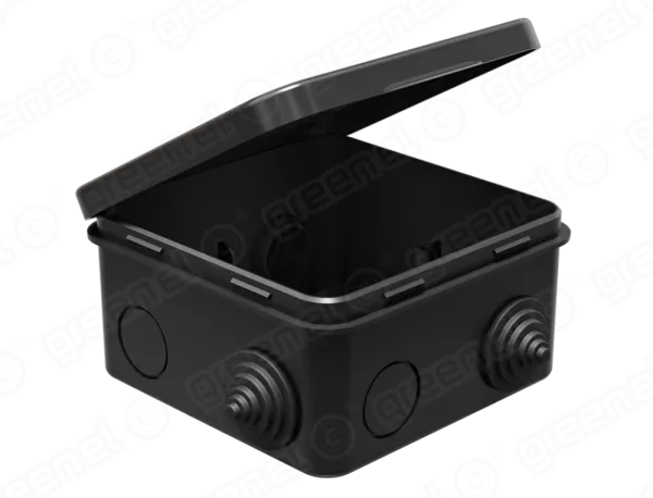 Коробка распаячная для о/п 100х100х50мм IP54 (48шт) ЧЕРНАЯ с откидной крышкой, 8 гермовводов. 4 саль