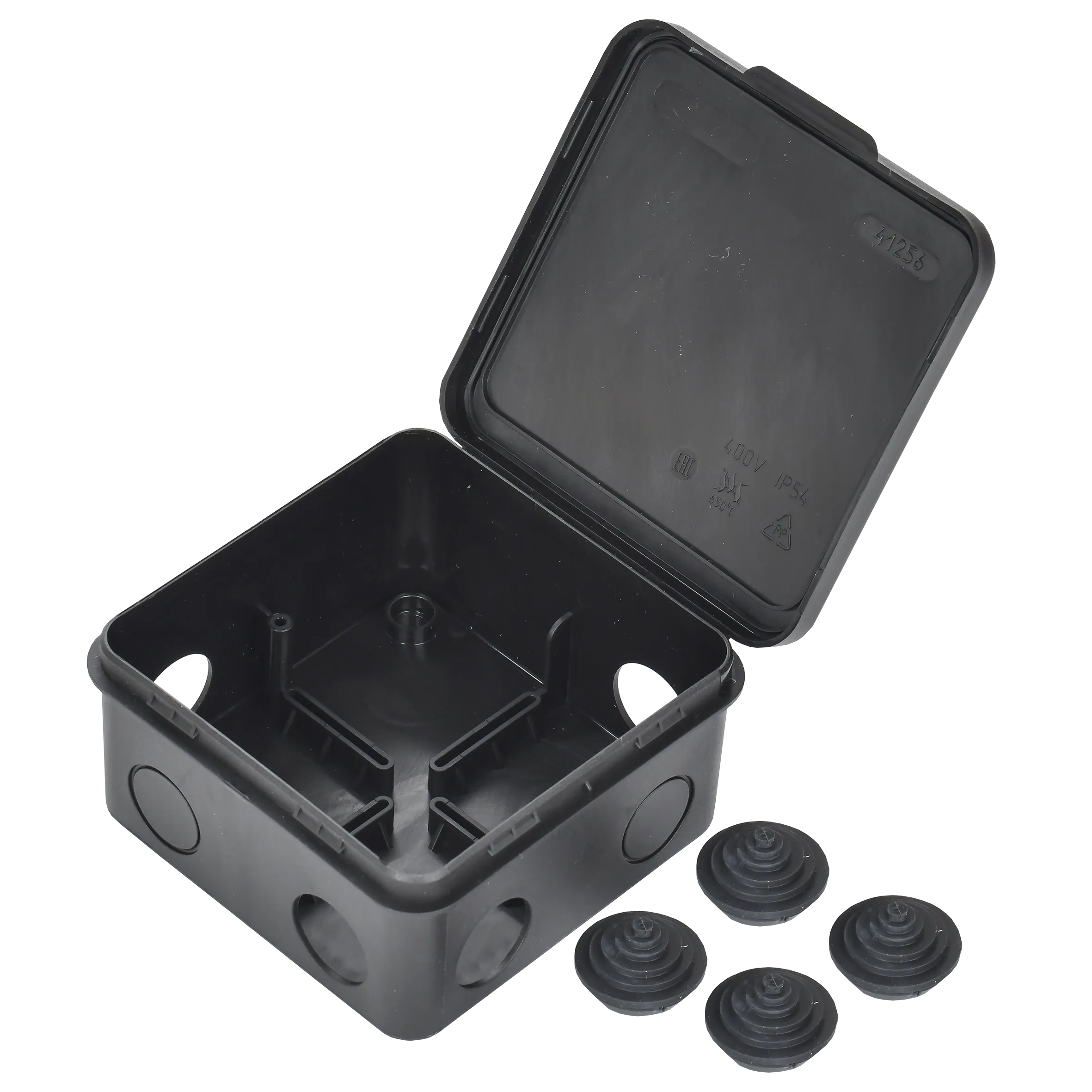 Коробка распаячная КМ41256 для открытой проводки с откидной крышкой безгалогенная (HF) 100х100х50мм IP54 8 гермовводов черная (RAL 9005) IEK - Фото 4